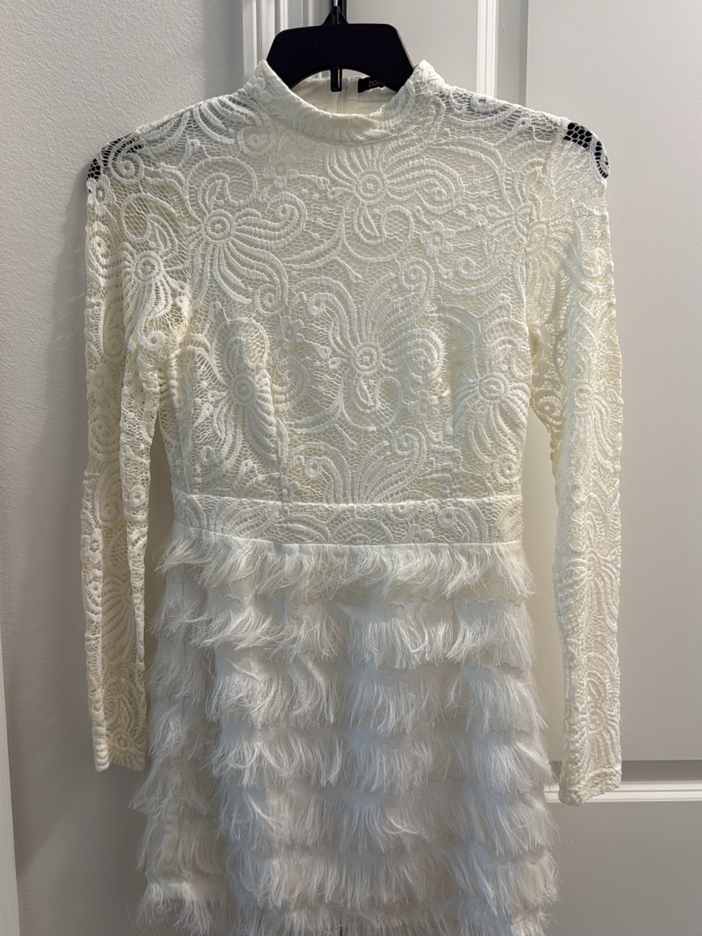 Boohoo Ivory Lace Tiered Feather Mini Dress